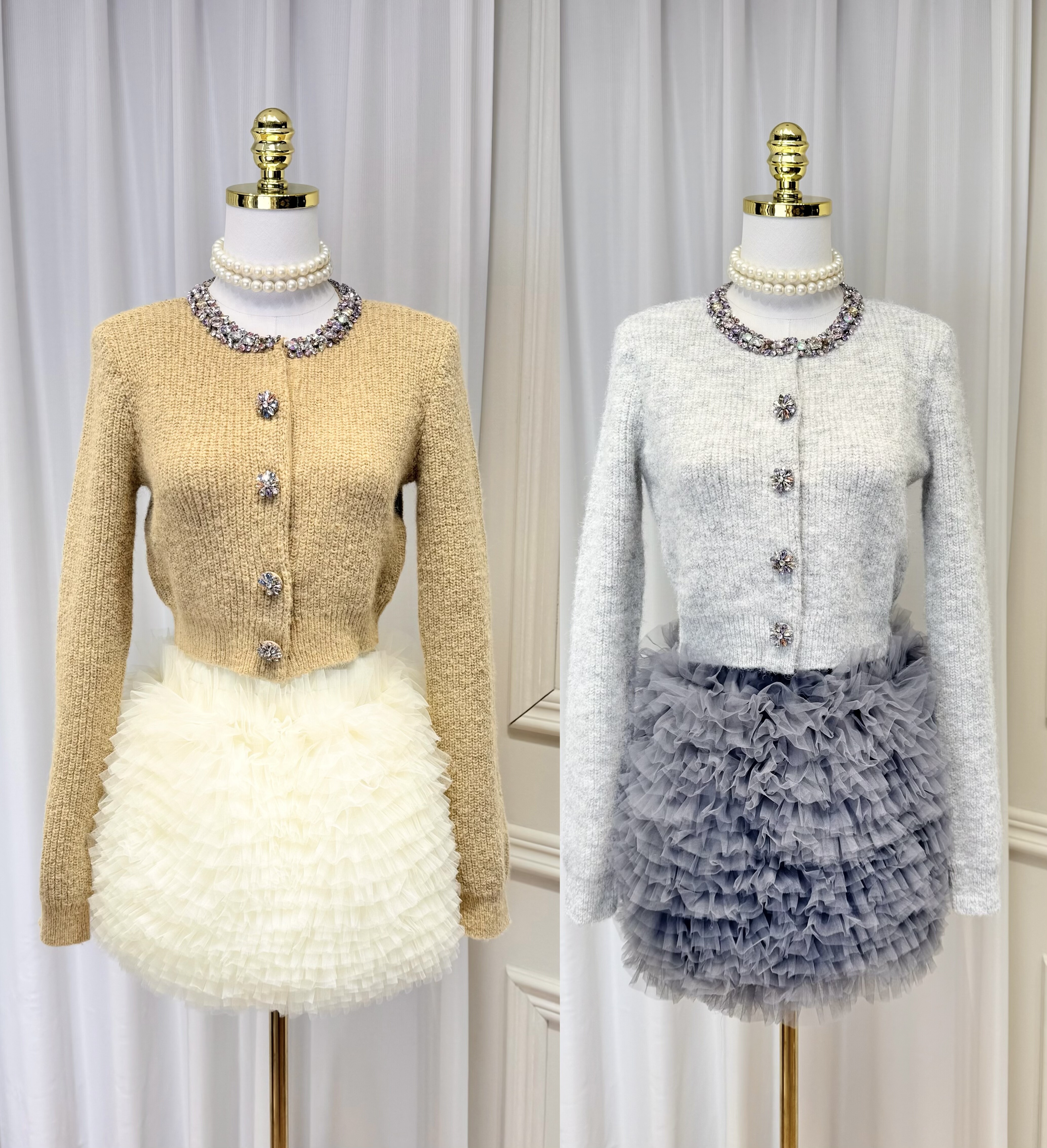 设计款小香风重工钉珠圆领彩钻扣针织开衫毛衣松紧腰蛋糕纱短裙裤,女装/女士精品,时尚套装,淘宝优惠券,粉丝福利购,淘宝优惠卷