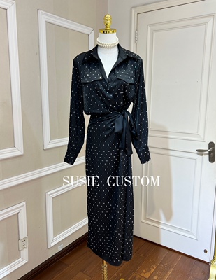 高定制气质款重工满钻缎面光滑面料衬衫款绑带收腰开叉长裙连衣裙