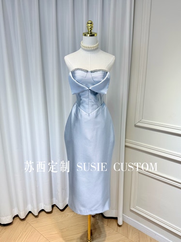 高定设计款显身材水钻链条带胸垫抹胸翻领花苞臀开叉生日礼服裙