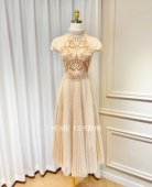 小众设计款 显气质立体刺绣镂空水溶蕾丝蝴蝶短袖 收腰拼接百褶长裙