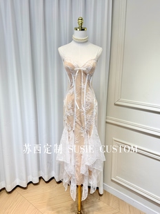 高定纯欲胸垫蝴蝶结鱼骨包臀荷叶蕾丝吊带裙领证小白裙生日礼服裙