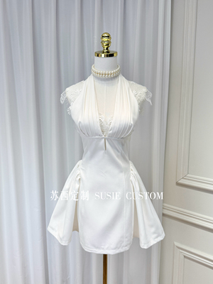 定制法式纯欲风镂空水溶蕾丝深V领带胸垫挂脖露背收腰A摆连衣裙