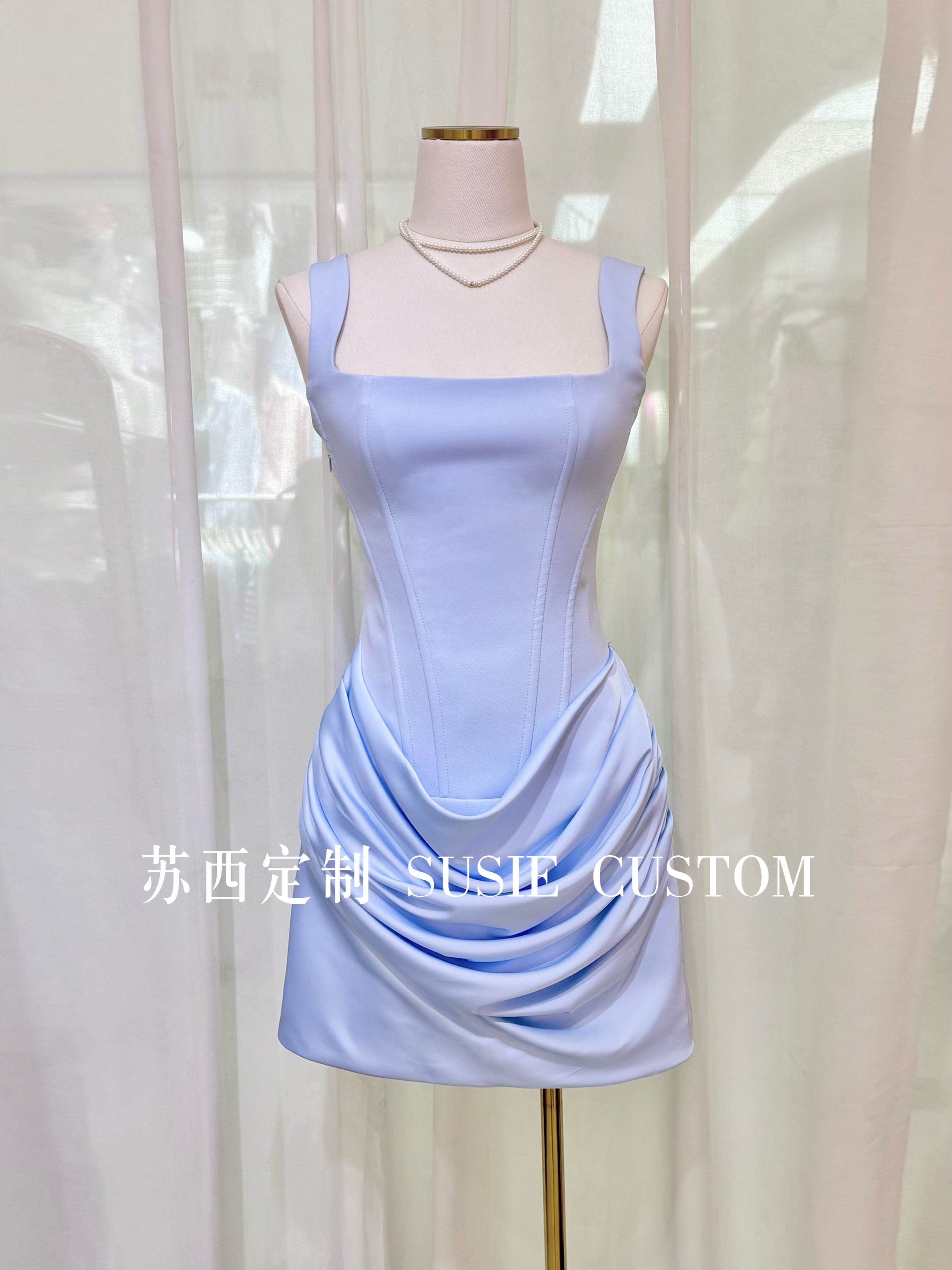 高定小众设计款显身材方领鱼骨修身褶皱包臀绑带背心裙生日礼服裙