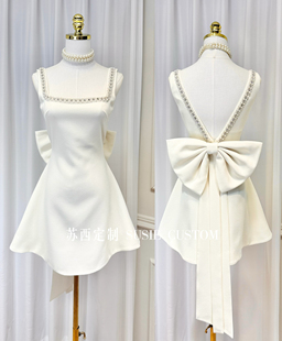 高定甜妹串珠水钻领深V大露背A摆可拆卸蝴蝶结成人礼生日礼服裙