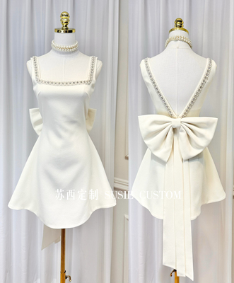 高定甜妹串珠水钻领深V大露背A摆可拆卸蝴蝶结成人礼生日礼服裙