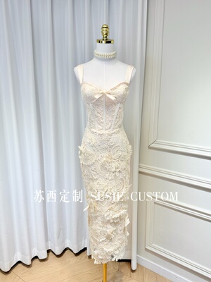 设计款法式纯欲显身材蝴蝶结胸衣鱼骨收腰蕾丝立体花朵中长吊带裙