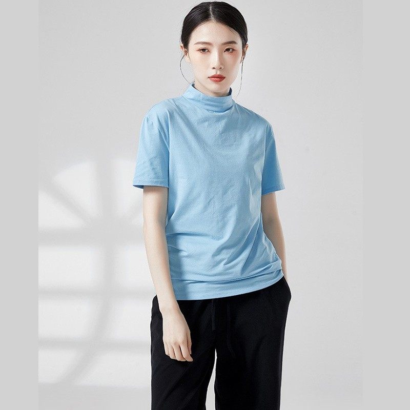 女士小高领短袖睡衣宽松纯色简约95%棉护颈椎家居服可外穿上衣T恤