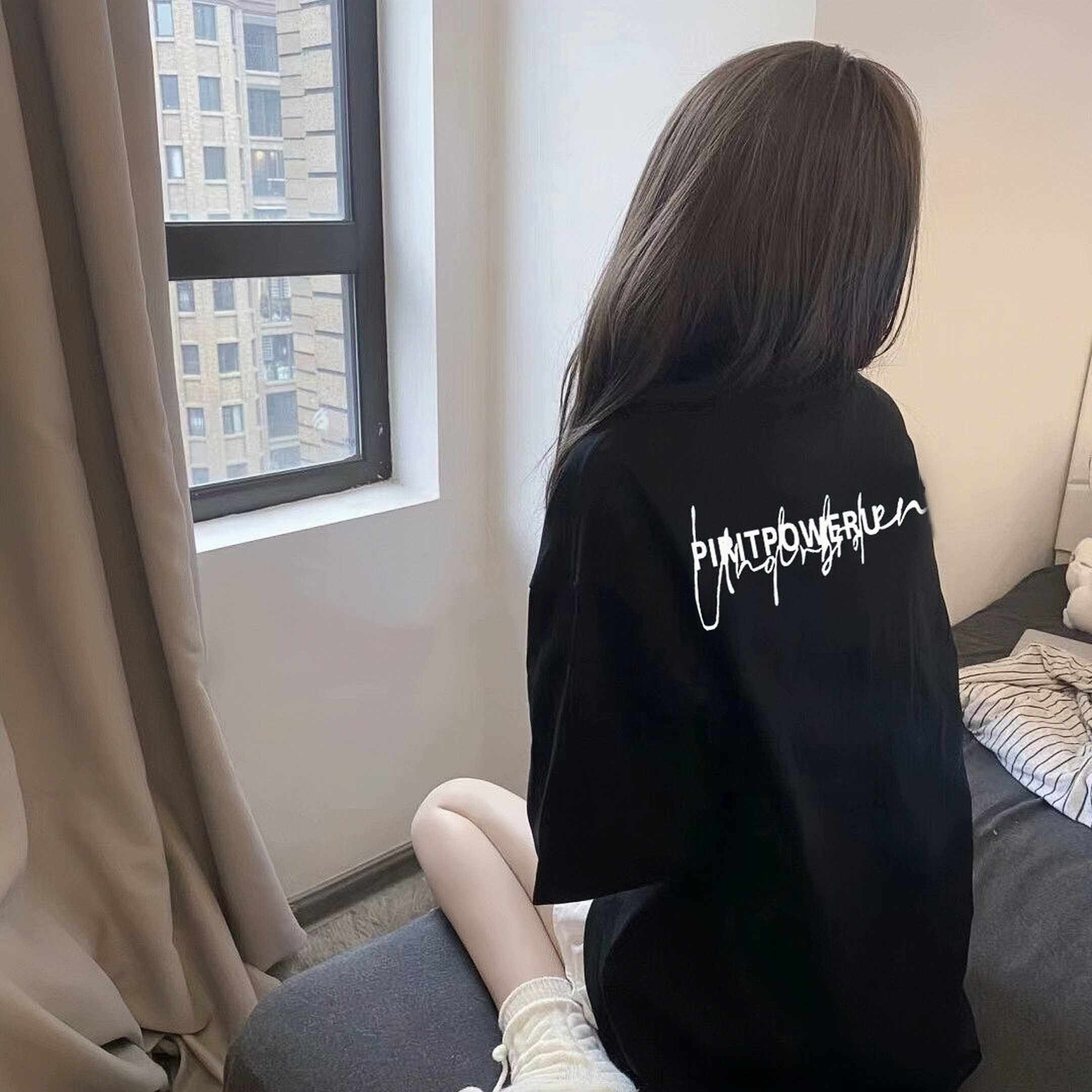 黑色纯棉短袖t恤少女大童图片