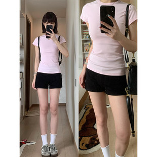 粉色正肩短袖t恤女夏修身半袖紧身掐腰显瘦上衣内搭打底半截袖短