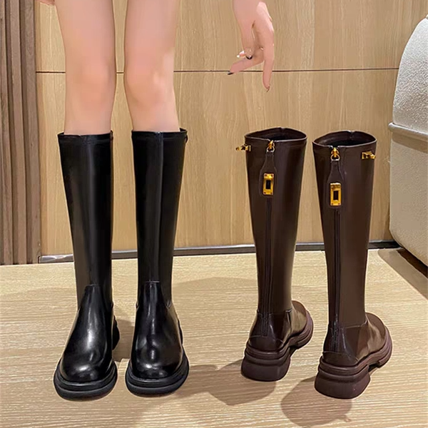 真皮小金扣圆头厚底高筒骑士靴女2025新款弹力及粗跟秋冬长筒靴子
