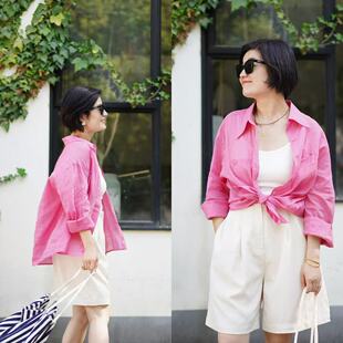 多巴胺树莓粉显白显气色度假风苎麻防晒长袖 拍照超出片 衬衫