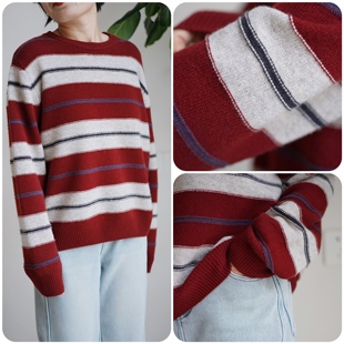冬季调色盘 青春活泼高彩度条纹撞色100%绵羊毛圆领毛衣 两色