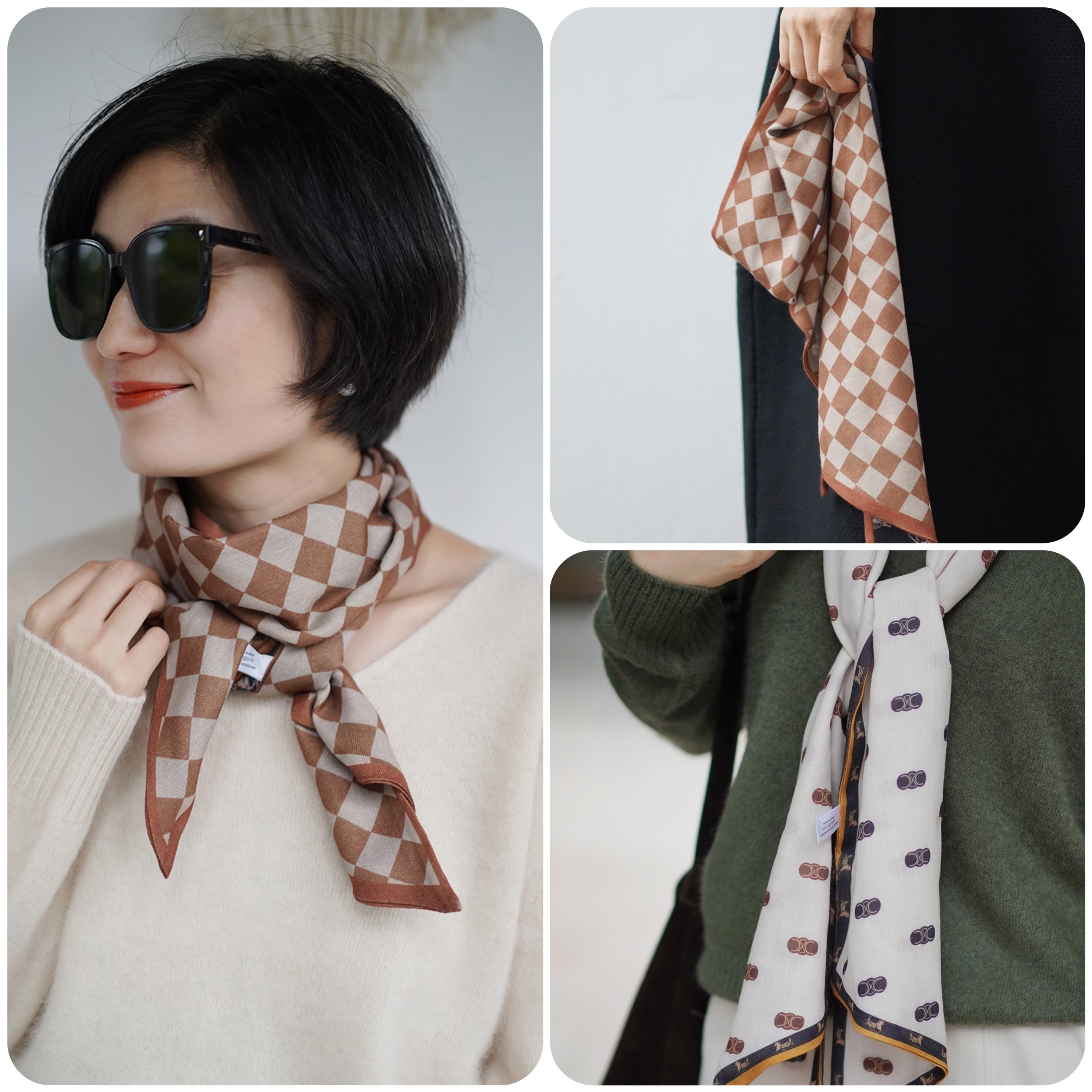 复古的撞色波点仿真丝飘带丝巾