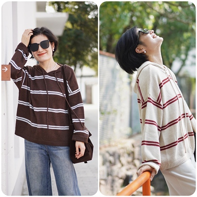 舒适与上镜兼备条纹连帽针织衫