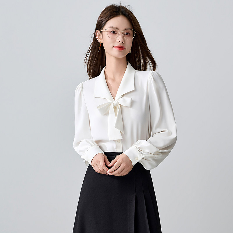 衬衫女长袖春秋蝴蝶结百搭修