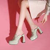 2025夏季 新款 时尚 真皮圆头防水台高跟鞋 外穿女士粗跟包头凉拖鞋