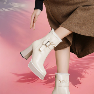 冬季 圆头防水台可两穿真皮羊毛靴子粗跟 加绒保暖高跟短靴2025新款