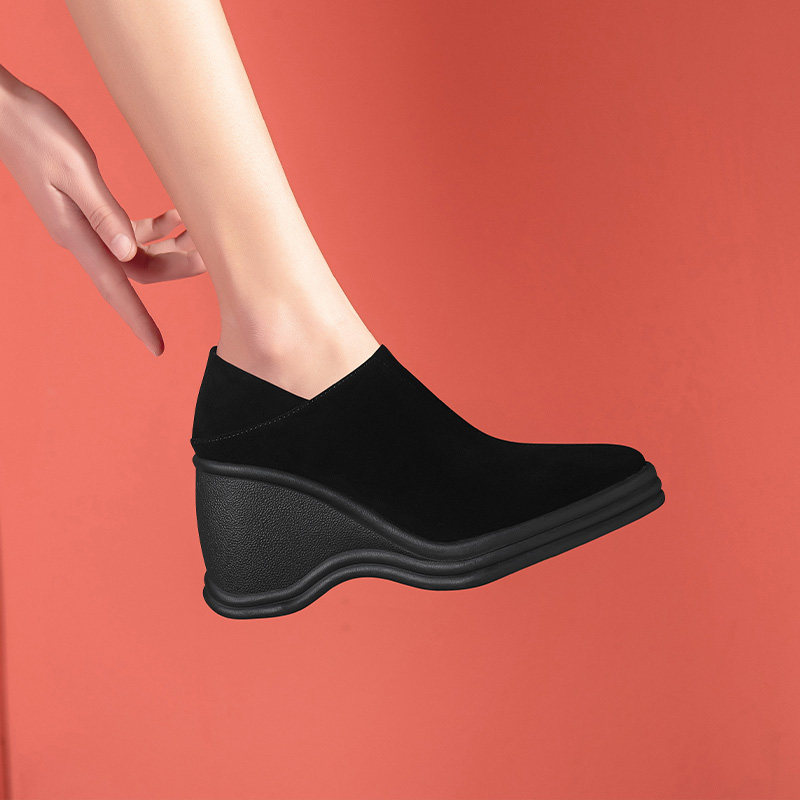 棕色厚底坡跟单鞋2025秋季新款尖头磨砂深口一脚蹬增高高跟鞋女,女鞋,深口单鞋,淘宝优惠券,粉丝福利购,淘宝优惠卷