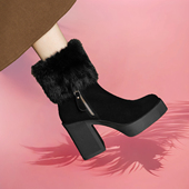 秋冬厚底加绒毛毛靴子2025新款 防水台不累脚高跟妈妈短靴粗跟真皮