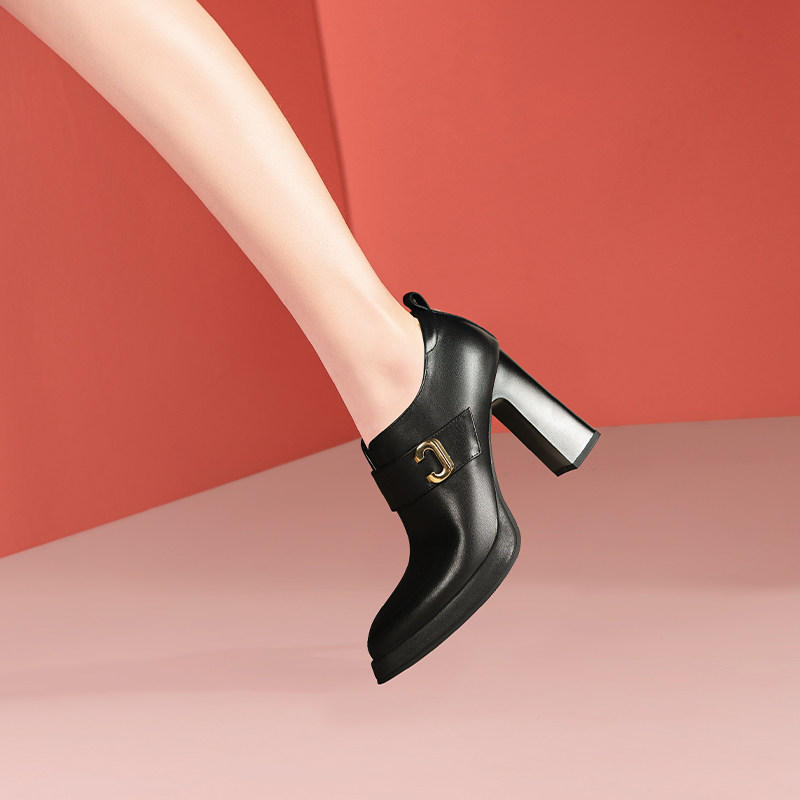 磨砂尖头单鞋粗跟深口2026春季新款防水台真皮黑色高跟鞋厚底女鞋