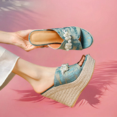 度假鱼嘴高跟鞋 珍珠小众厚底坡跟凉鞋 女2025夏天新款 真皮外穿凉拖