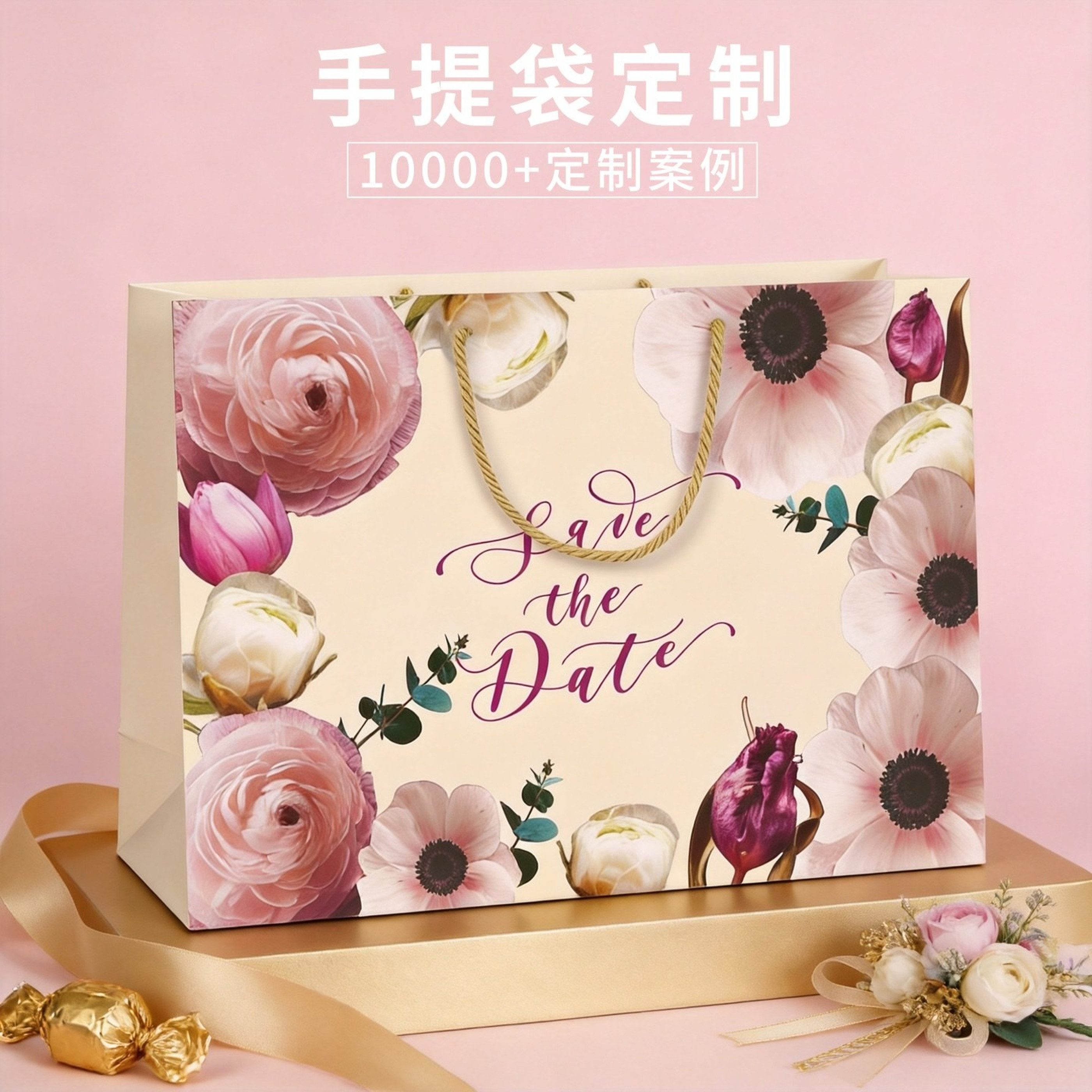粉色花卉婚礼手提袋礼品袋白卡纸袋现货批发定制包装袋