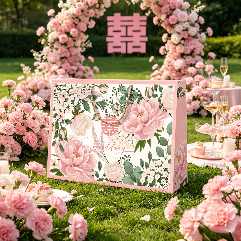 粉色婚礼包装袋高档清新礼品袋喜袋陪嫁礼物纸袋四件套手提袋定制