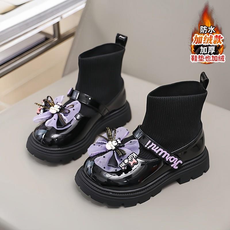 女童小皮鞋冬季2024新款加绒保暖儿童棉鞋黑色洋气女孩袜子公主鞋