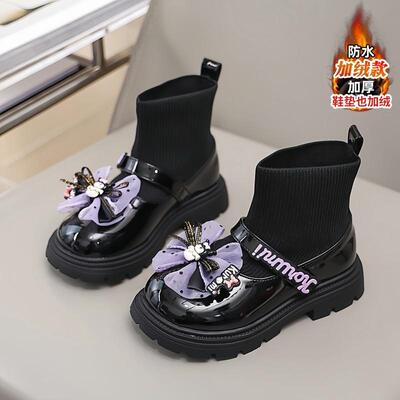 女童小皮鞋冬季2024新款加绒保暖儿童棉鞋黑色洋气女孩袜子公主鞋