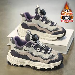 女童鞋冬季2024新款皮面防水儿童运动鞋中大童加绒保暖女孩老爹鞋