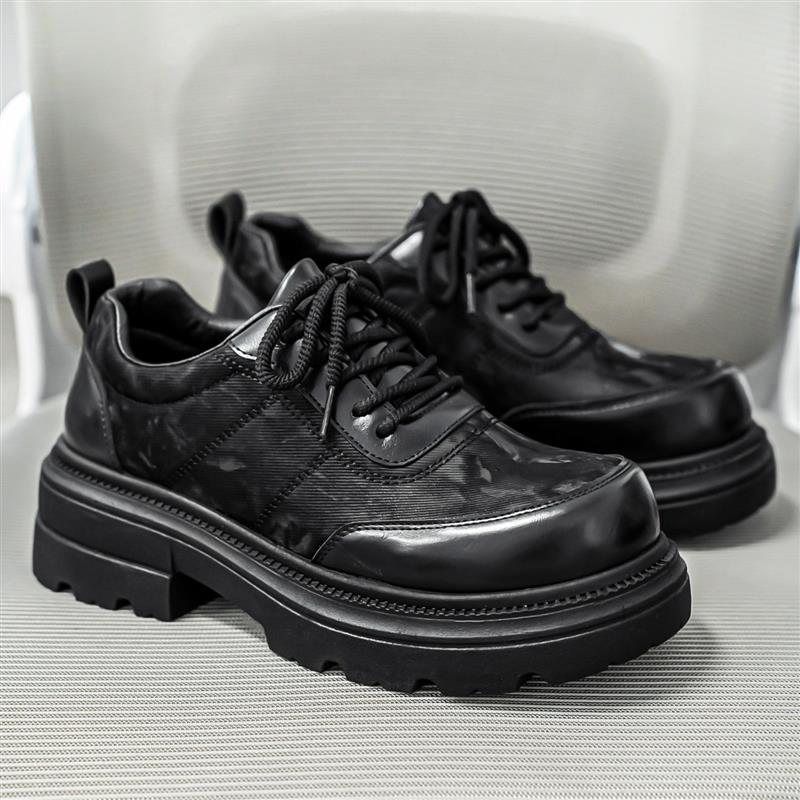 英伦风厚底德比鞋男秋冬季黑色系带休闲皮鞋男士增高百搭大头潮鞋