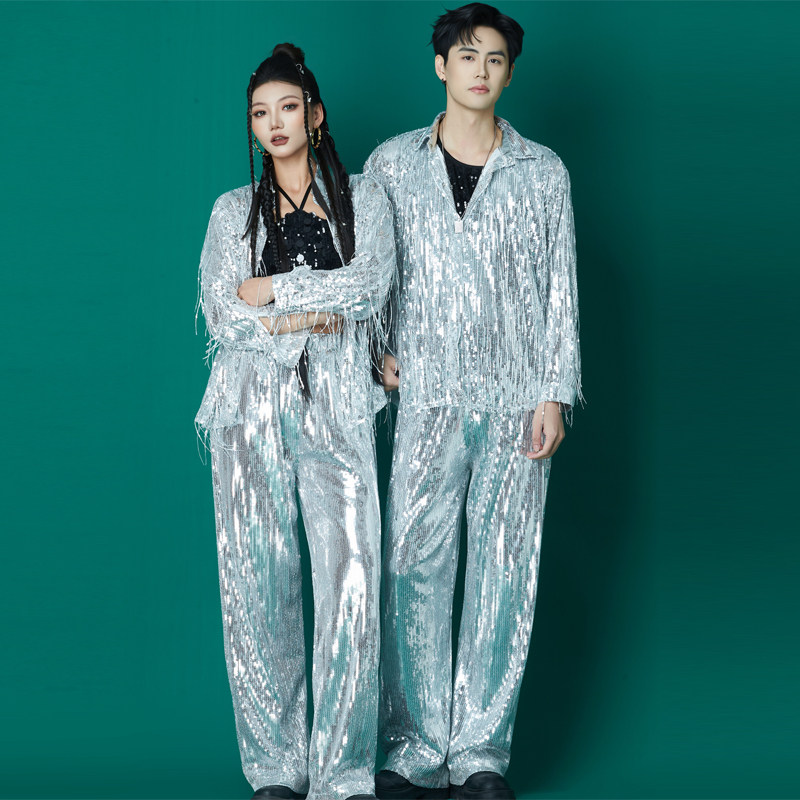 DS新款成人KPOP男女表演服亮片流苏套装衬衣男式潮服女装爵士舞
