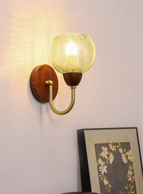 复古壁灯绿色卧室床头灯轻法式中古风实木客厅过道楼梯背景墙灯