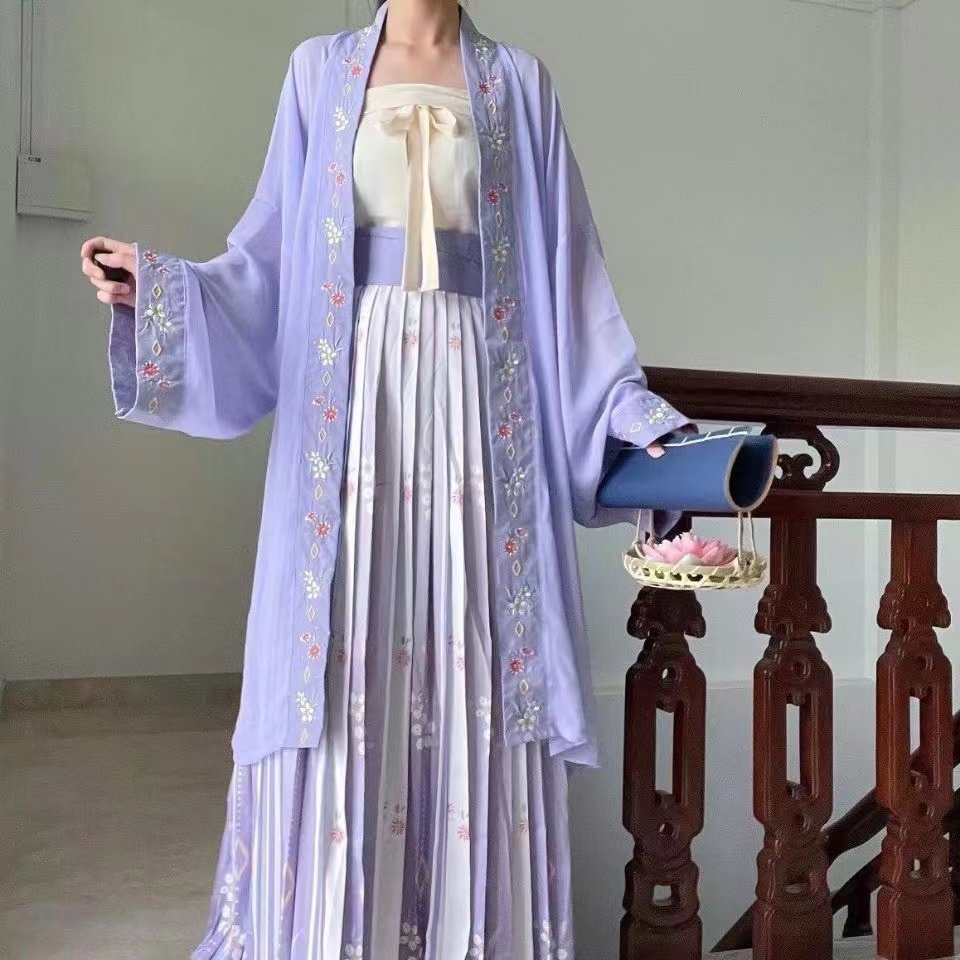 绫锦司紫色汉服女宋制汉服长褙子百迭裙一片式宋抹三件套夏季2022