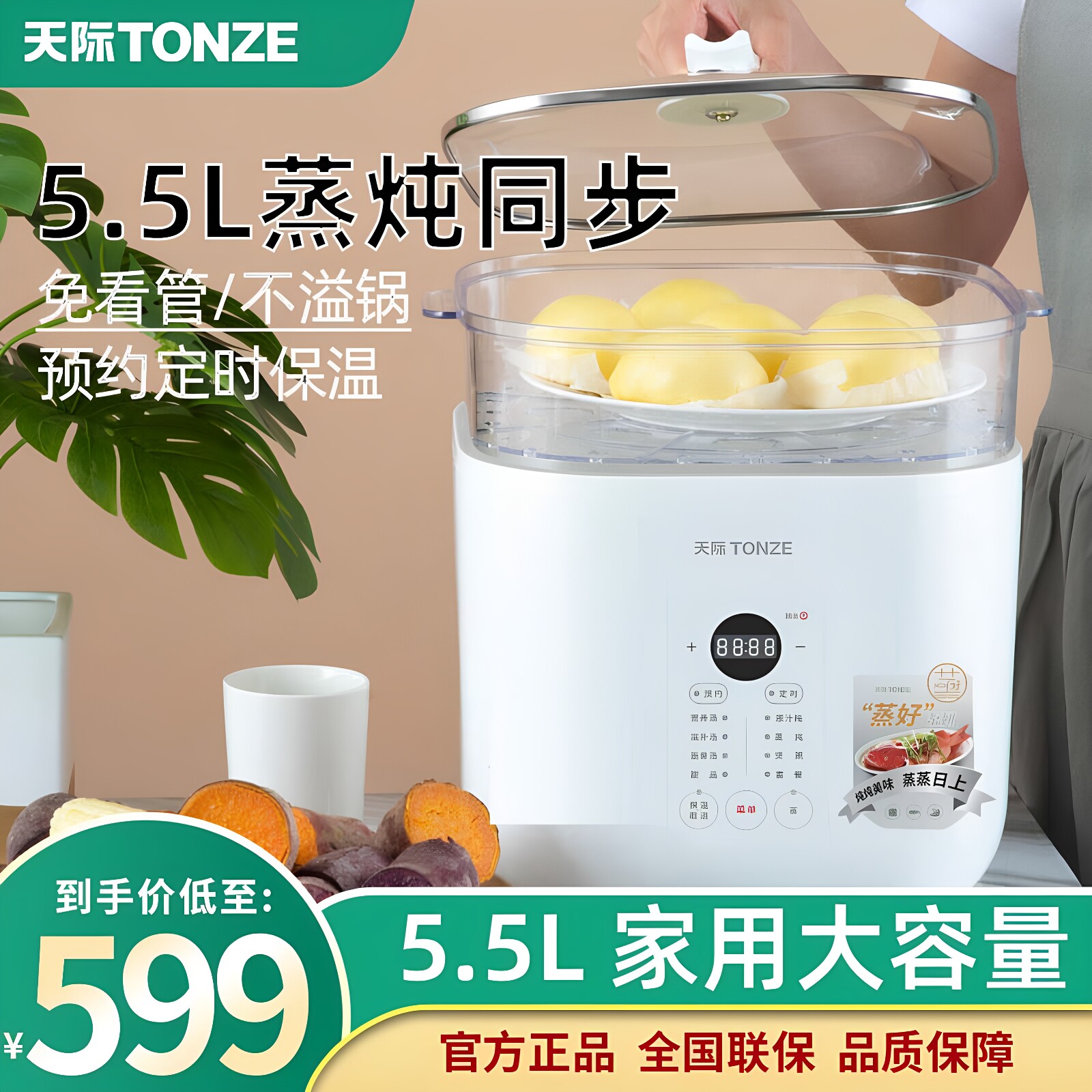 天际炖盅隔水炖家用电炖锅5.5升陶瓷蒸格煲汤锅粥6人用超大大容量