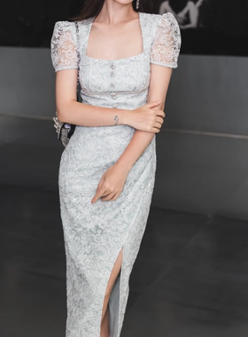 self-stride 2025新款绿色方领蕾丝钻饰泡泡袖收腰开叉连衣裙