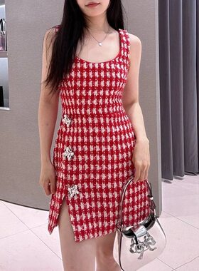 self-stride 2025新款红色千鸟格外套半裙连衣裙套装气质修身女装