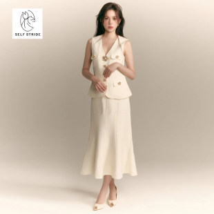 小香风气质高腰显瘦无袖 女 V领假两件包臀鱼尾长洋装