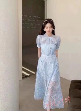 self-stride 2025新款蓝色精致蕾丝蝴蝶结短袖收腰长款连衣裙长裙