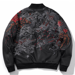 横须贺重工三龙刺绣夹克PU皮衣加棉加厚棉衣外套男棉服棒球领个性