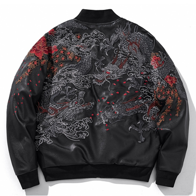 横须贺重工三龙刺绣夹克PU皮衣加棉加厚棉衣外套男棉服棒球领个性