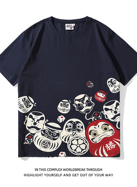 原宿潮牌男士短袖阴阳师达摩蛋卡通印花T恤日系学生青少年纯棉SSR