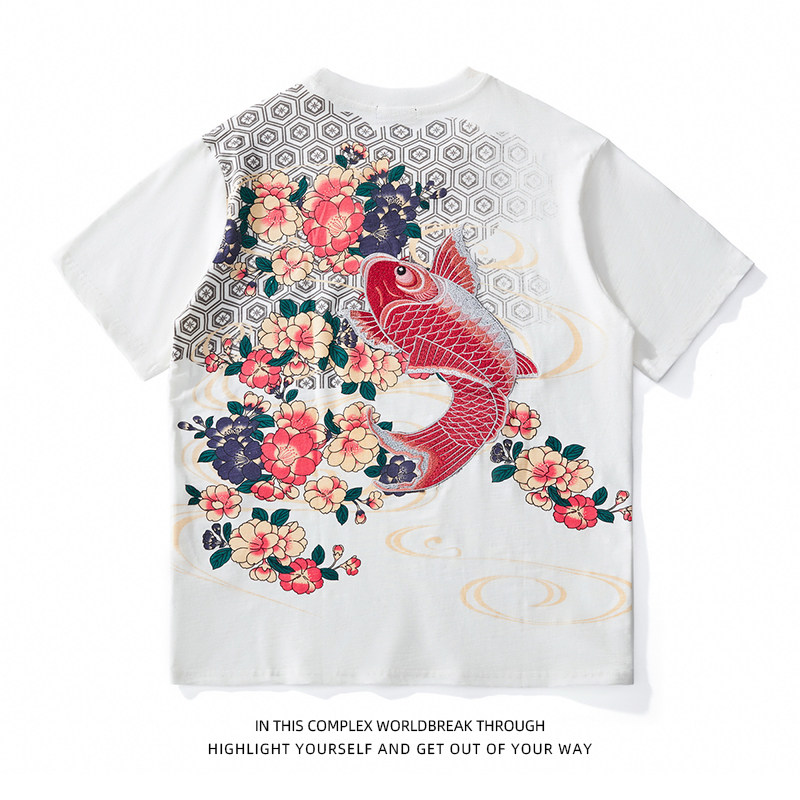 中国风刺绣短袖男T恤锦鲤绣花圆领个性国潮正肩半袖青年纯棉透气