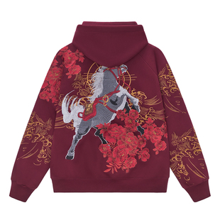 2026马年生肖新款中国风重工刺绣骏马连帽加绒卫衣国潮本命年男女