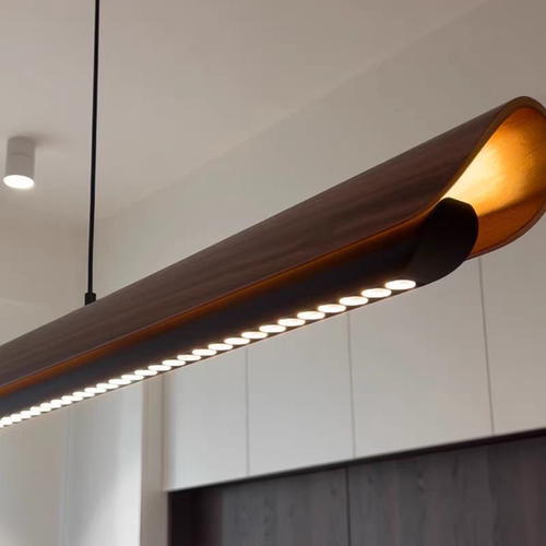 铜圣2025新款胡桃木色茶室餐厅长条简约岛台吧台高端一字长条吊灯