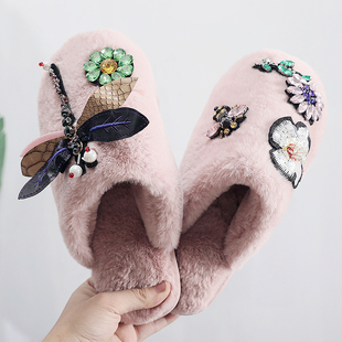 女秋冬天月子家居可爱厚底棉拖鞋 包头毛毛拖鞋 高档小欢喜海清同款