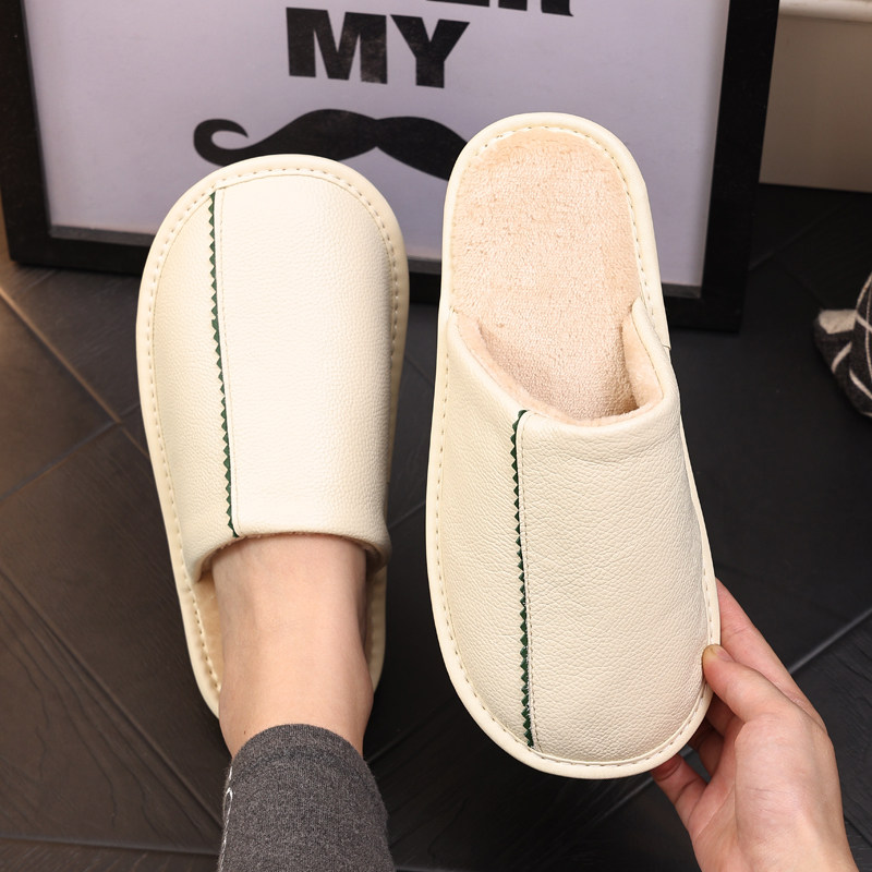 日式真皮白色棉拖鞋男女秋冬季室内居家用厚底防滑牛皮面防水冬天