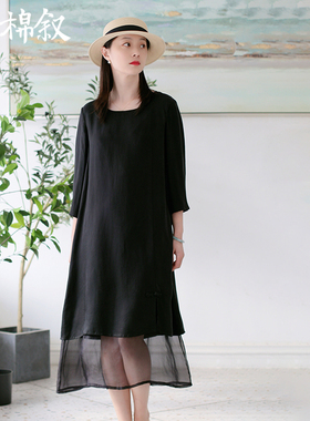 棉叙春夏新品文艺宽松七分袖连衣裙黑色铜氨丝袍子女24531