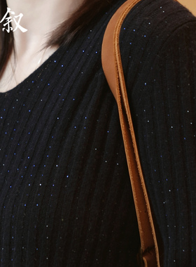 棉叙100%绵羊毛V领烫钻毛衣女士显瘦针织长袖上衣羊毛衫15300
