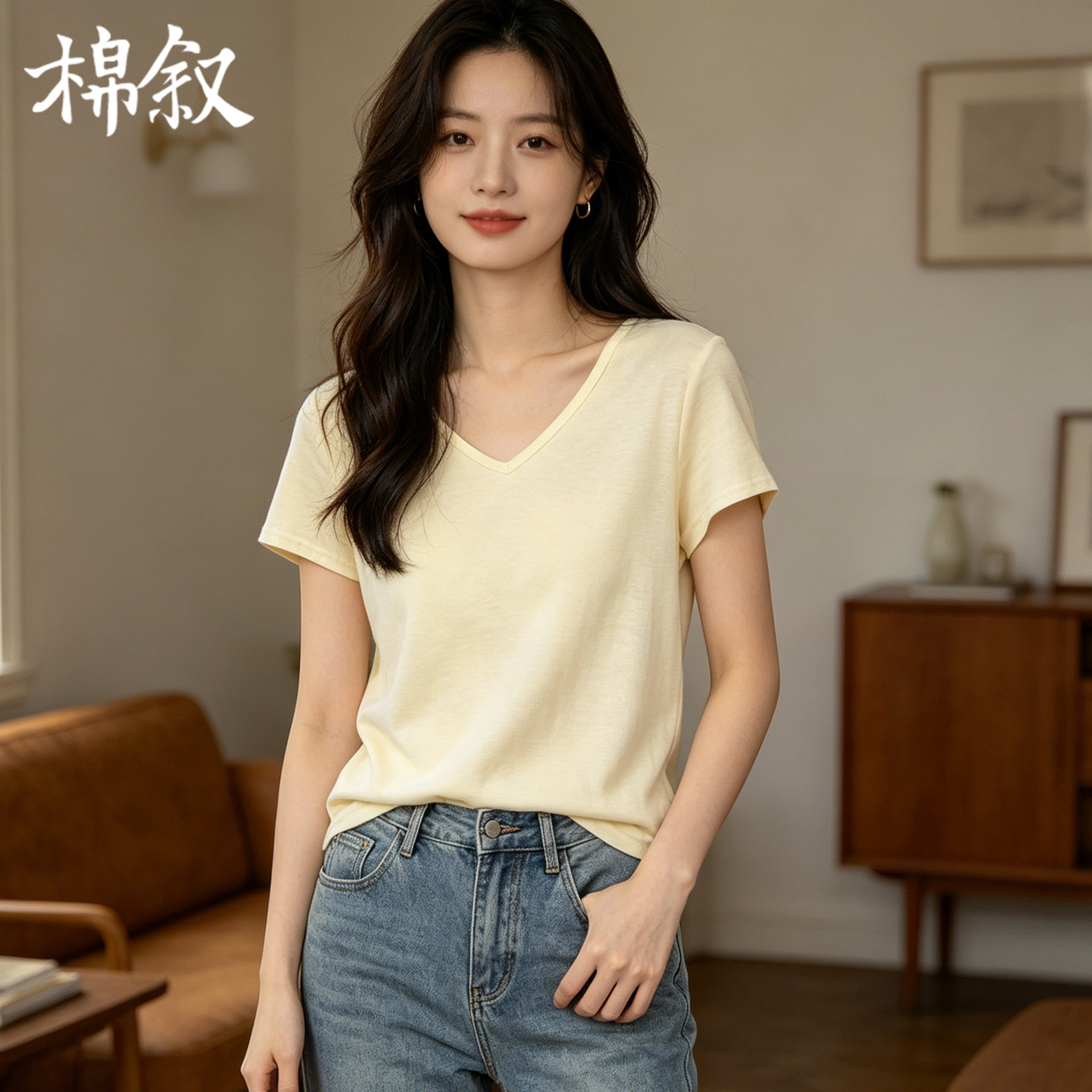 棉叙夏季汉麻棉混纺T恤女女装休闲百搭简约V领短袖上衣16198